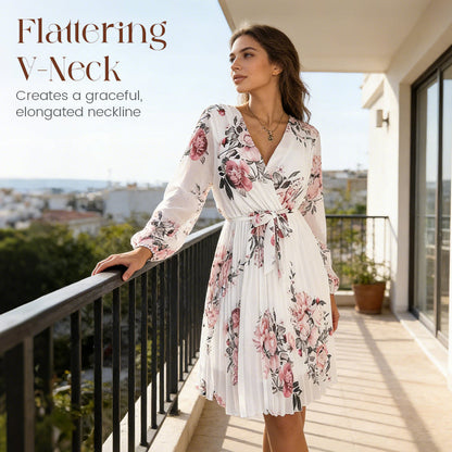 Damenkleid mit Blumenmuster, V-Ausschnitt und Falten