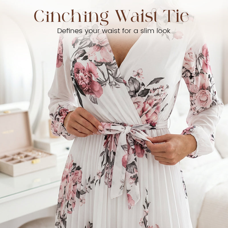 Damenkleid mit Blumenmuster, V-Ausschnitt und Falten