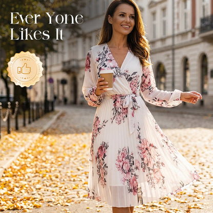 Damenkleid mit Blumenmuster, V-Ausschnitt und Falten