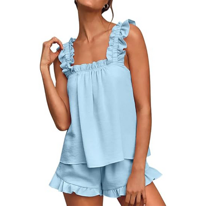 🌺 LIMITIERT: 49% RABATT! 🔥✨Weiches und bequemes Pyjamenset mit Rüschenbesatz💞