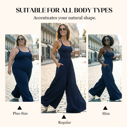 ☀️ Damen Sommer-Jumpsuit – Spaghettiträger, geraffte Taille, weites Bein, atmungsaktiv & figurbetont, S–XL