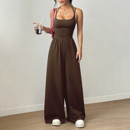 ☀️ Damen Sommer-Jumpsuit – Spaghettiträger, geraffte Taille, weites Bein, atmungsaktiv & figurbetont, S–XL