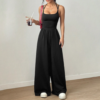 ☀️ Damen Sommer-Jumpsuit – Spaghettiträger, geraffte Taille, weites Bein, atmungsaktiv & figurbetont, S–XL