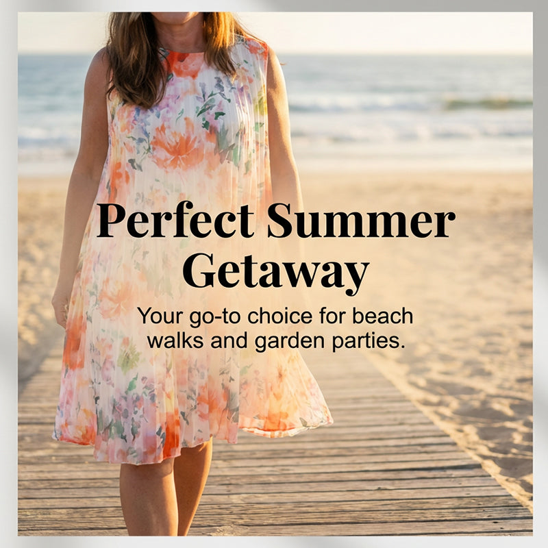 Ärmelloses Midikleid mit Plissee und Blumenprint und betonter Taille