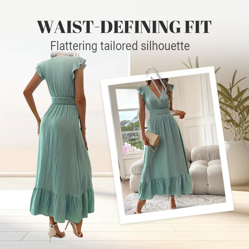 📢50 % RABATT!!!⏰Maxikleid mit V-Ausschnitt, Rüschen und tailliertem Schnitt