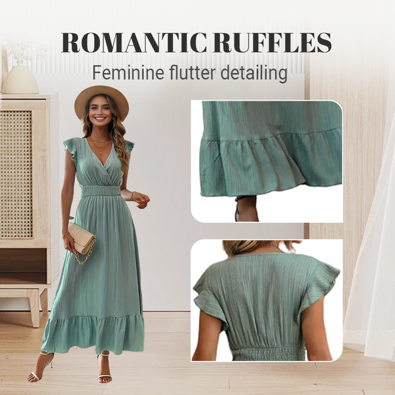 📢50 % RABATT!!!⏰Maxikleid mit V-Ausschnitt, Rüschen und tailliertem Schnitt