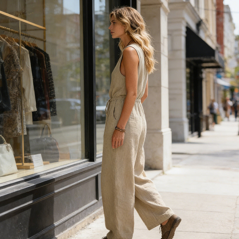 Ärmelloser Jumpsuit für Damen mit V-Ausschnitt und weitem Bein