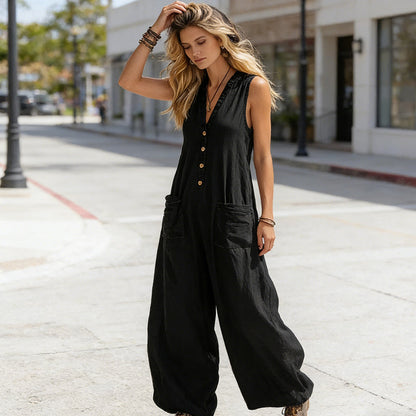 Ärmelloser Jumpsuit für Damen mit V-Ausschnitt und weitem Bein