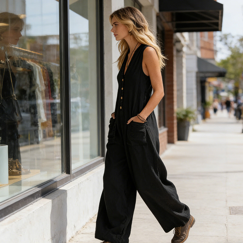 Ärmelloser Jumpsuit für Damen mit V-Ausschnitt und weitem Bein
