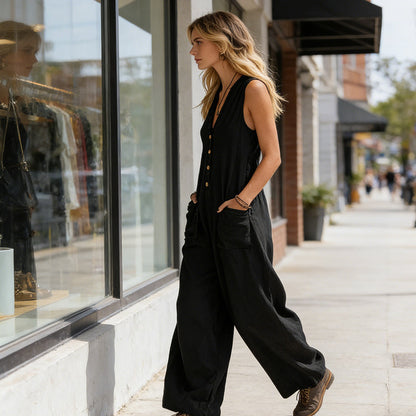 Ärmelloser Jumpsuit für Damen mit V-Ausschnitt und weitem Bein