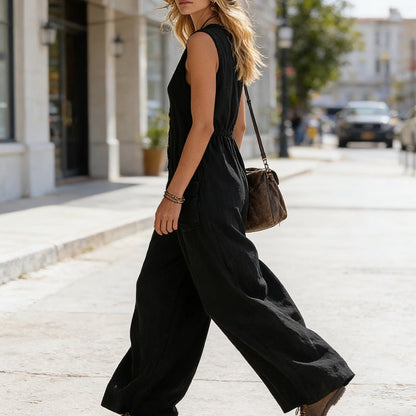 Ärmelloser Jumpsuit für Damen mit V-Ausschnitt und weitem Bein