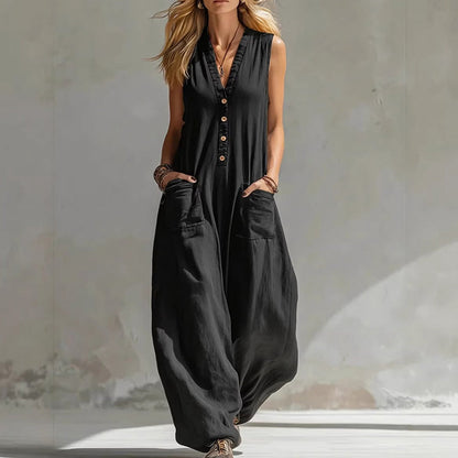 Ärmelloser Jumpsuit für Damen mit V-Ausschnitt und weitem Bein