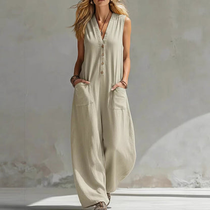 Ärmelloser Jumpsuit für Damen mit V-Ausschnitt und weitem Bein