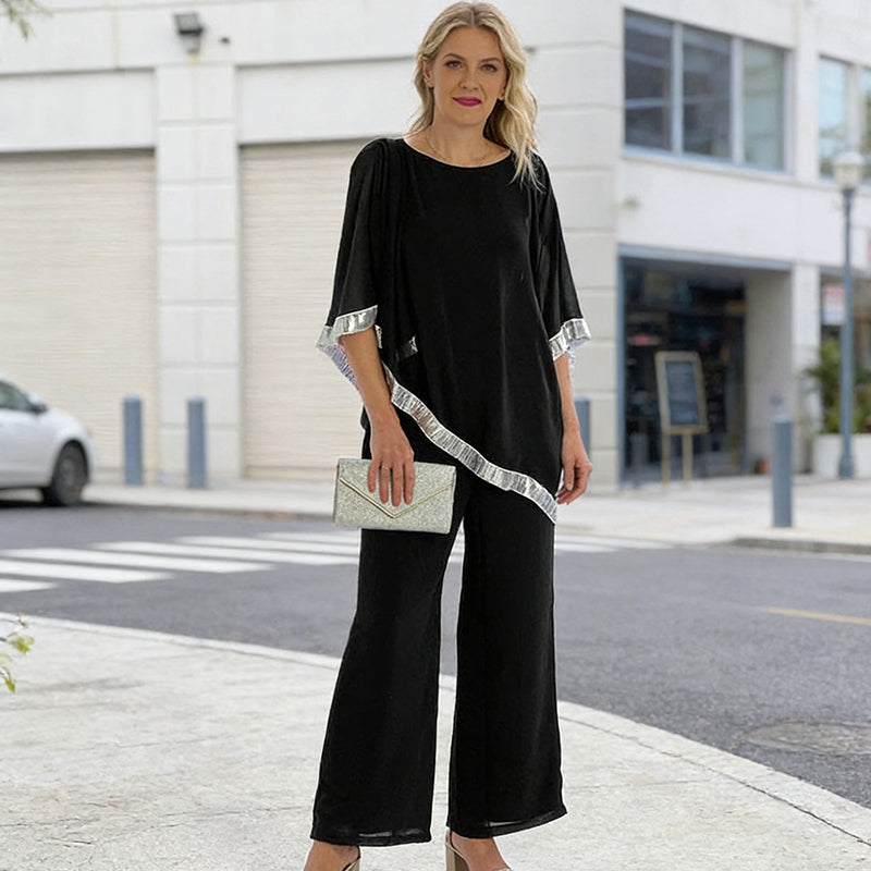 Set aus elegantem Poncho-Oberteil mit Paillettenbesatz und weit geschnittener Hose