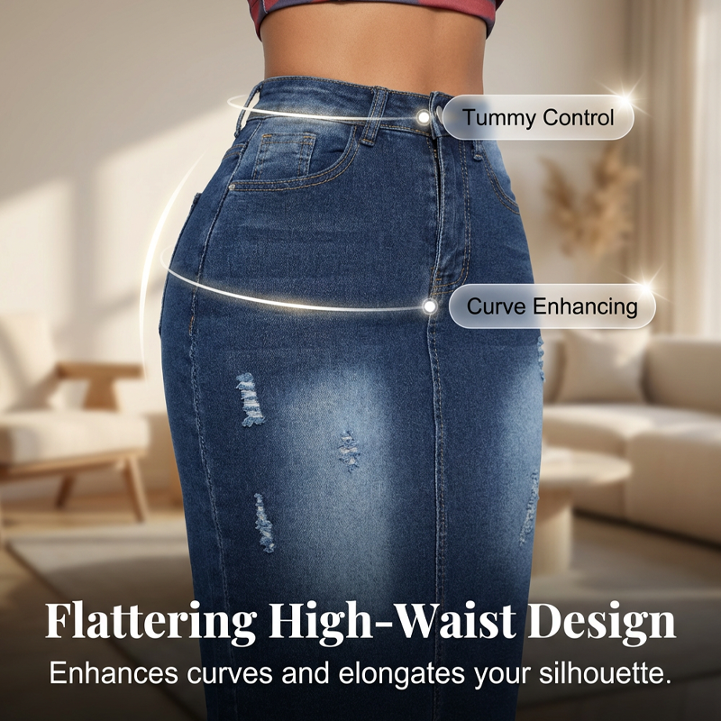 Damenrock aus Denim mit hoher Taille und ausgefranstem Saum
