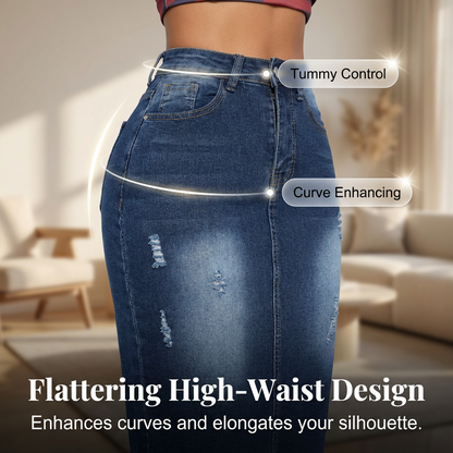 Damenrock aus Denim mit hoher Taille und ausgefranstem Saum