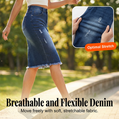 Damenrock aus Denim mit hoher Taille und ausgefranstem Saum