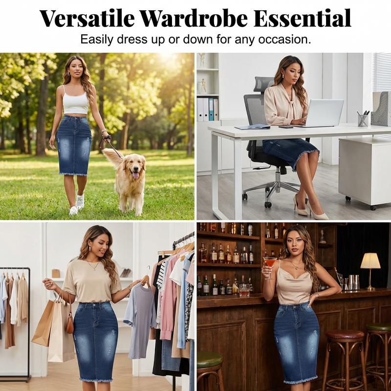 Damenrock aus Denim mit hoher Taille und ausgefranstem Saum