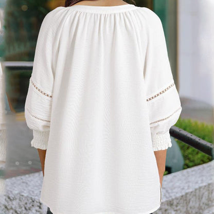 Damen-Casual-V-Ausschnitt-Shirt mit 3/4-Laternenärmeln, Falten, lockerer Hohlmuster-Bluse