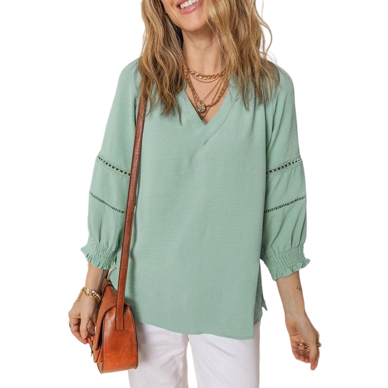 Damen-Casual-V-Ausschnitt-Shirt mit 3/4-Laternenärmeln, Falten, lockerer Hohlmuster-Bluse