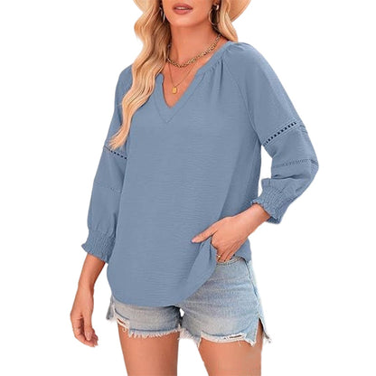Damen-Casual-V-Ausschnitt-Shirt mit 3/4-Laternenärmeln, Falten, lockerer Hohlmuster-Bluse