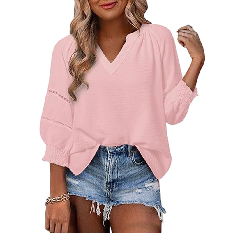 Damen-Casual-V-Ausschnitt-Shirt mit 3/4-Laternenärmeln, Falten, lockerer Hohlmuster-Bluse