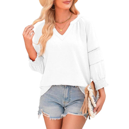 Damen-Casual-V-Ausschnitt-Shirt mit 3/4-Laternenärmeln, Falten, lockerer Hohlmuster-Bluse