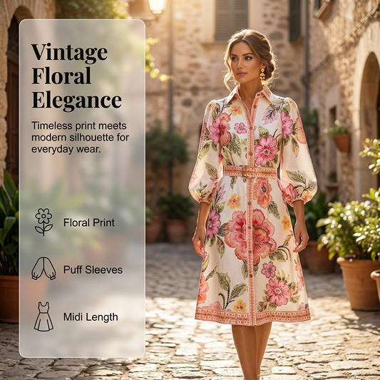 Hemdkleid im Vintage-Stil mit Blumenmuster und Puffärmeln