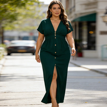 Maxikleid für Damen mit V-Ausschnitt, Knopfleiste und Seitenschlitz