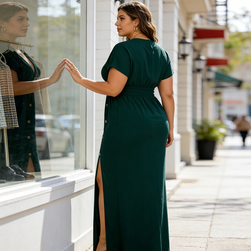Maxikleid für Damen mit V-Ausschnitt, Knopfleiste und Seitenschlitz