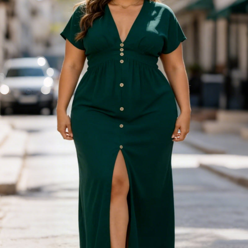 Maxikleid für Damen mit V-Ausschnitt, Knopfleiste und Seitenschlitz