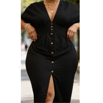 Maxikleid für Damen mit V-Ausschnitt, Knopfleiste und Seitenschlitz