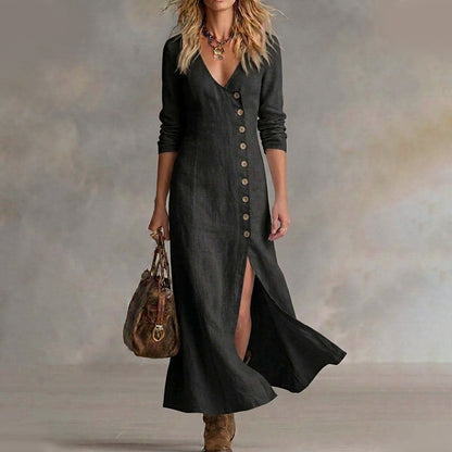 Maxikleid mit langen Ärmeln, V-Ausschnitt und Knopfleiste für Damen