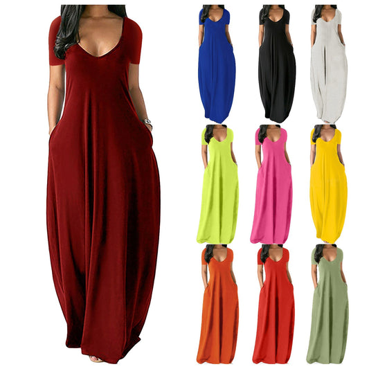 Langes Freizeitkleid für Damen mit Rundhalsausschnitt, kurzen Ärmeln und weichem Stoff