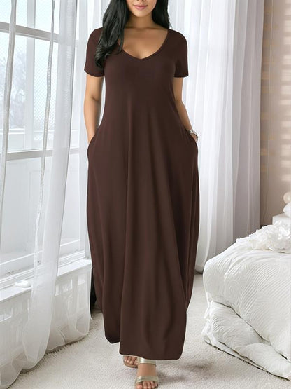 Langes Freizeitkleid für Damen mit Rundhalsausschnitt, kurzen Ärmeln und weichem Stoff