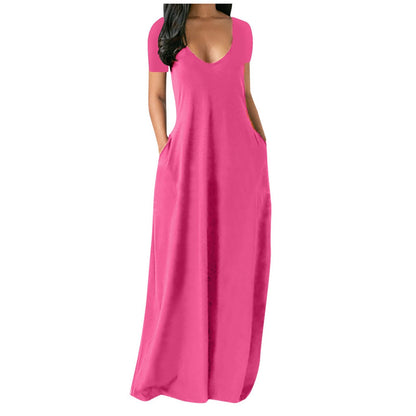 Langes Freizeitkleid für Damen mit Rundhalsausschnitt, kurzen Ärmeln und weichem Stoff