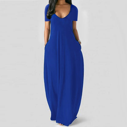 Langes Freizeitkleid für Damen mit Rundhalsausschnitt, kurzen Ärmeln und weichem Stoff