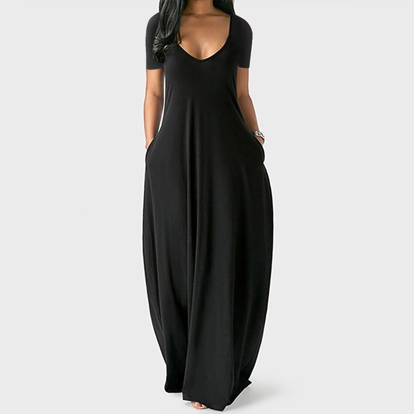Langes Freizeitkleid für Damen mit Rundhalsausschnitt, kurzen Ärmeln und weichem Stoff