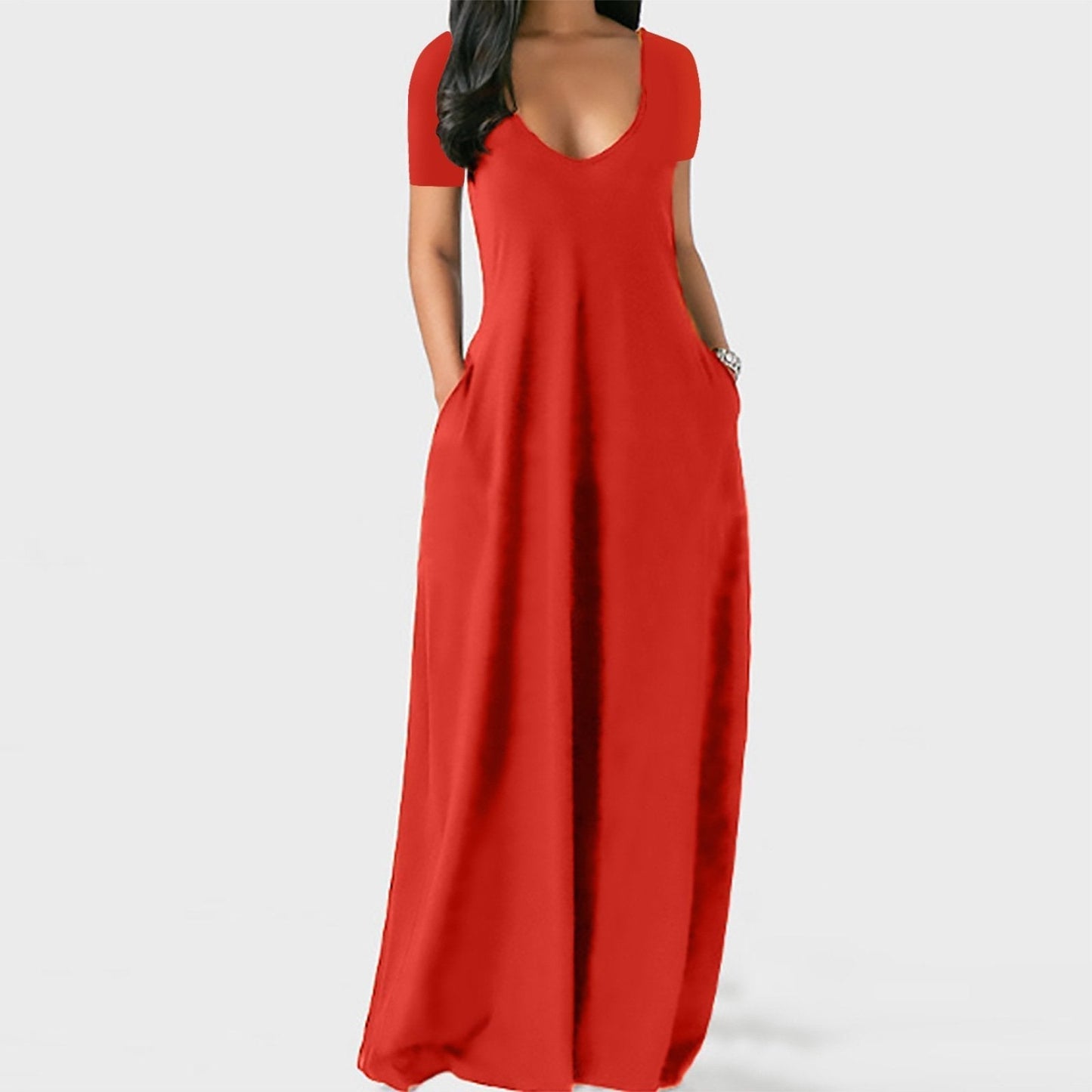 Langes Freizeitkleid für Damen mit Rundhalsausschnitt, kurzen Ärmeln und weichem Stoff