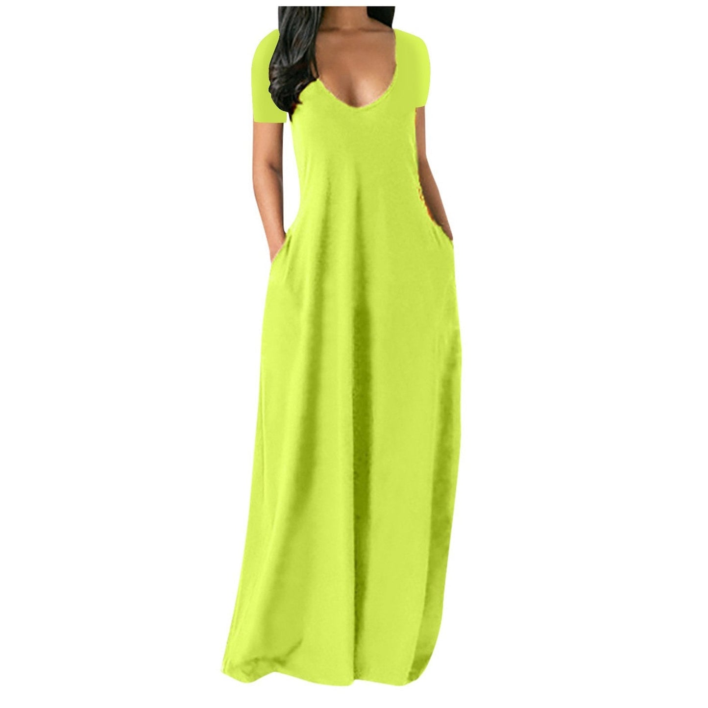 Langes Freizeitkleid für Damen mit Rundhalsausschnitt, kurzen Ärmeln und weichem Stoff