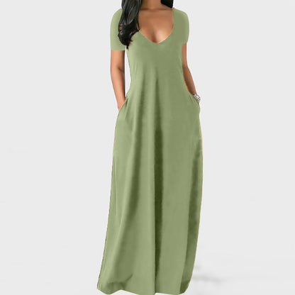 Langes Freizeitkleid für Damen mit Rundhalsausschnitt, kurzen Ärmeln und weichem Stoff
