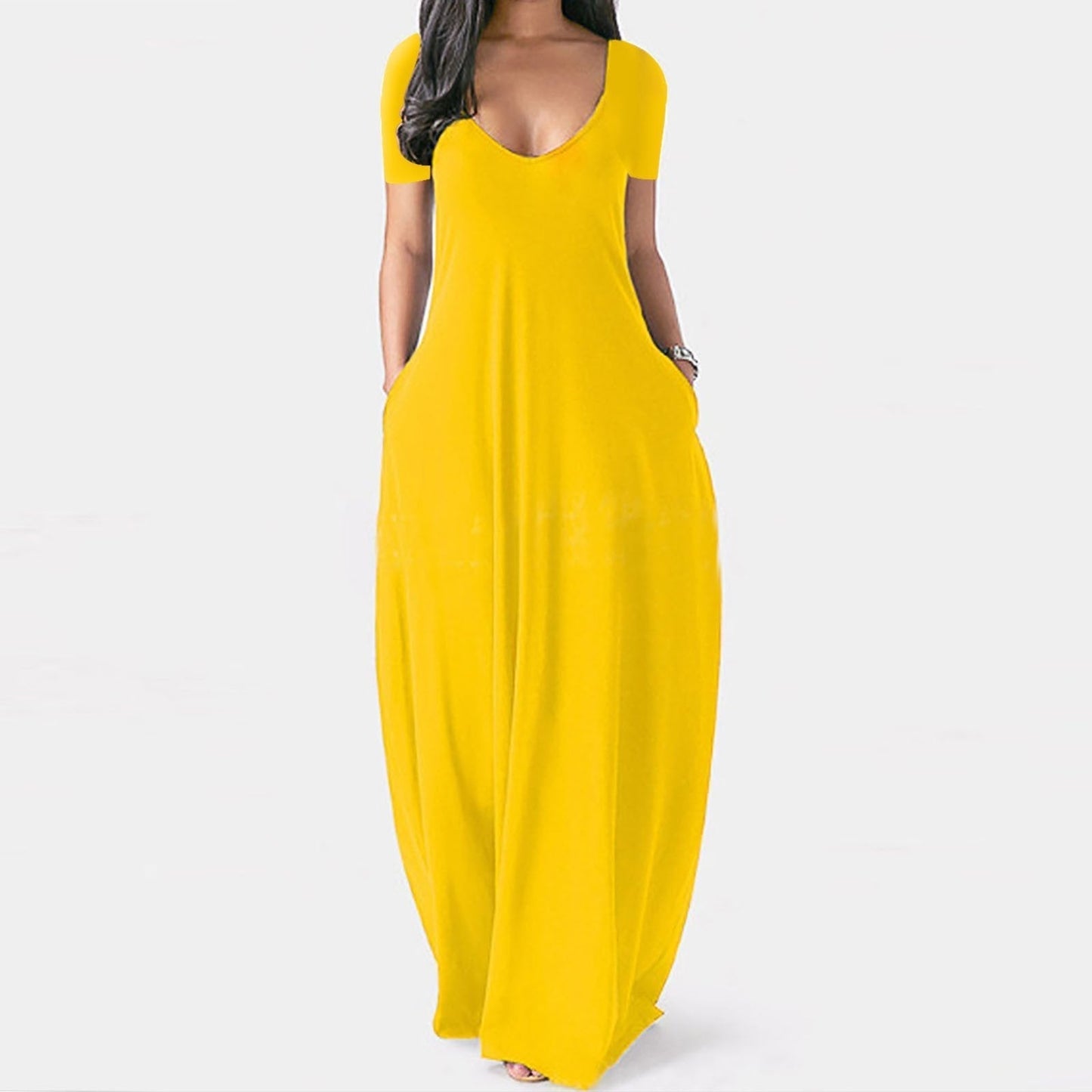 Langes Freizeitkleid für Damen mit Rundhalsausschnitt, kurzen Ärmeln und weichem Stoff