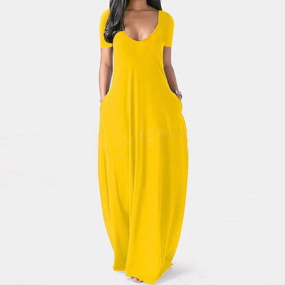 Langes Freizeitkleid für Damen mit Rundhalsausschnitt, kurzen Ärmeln und weichem Stoff