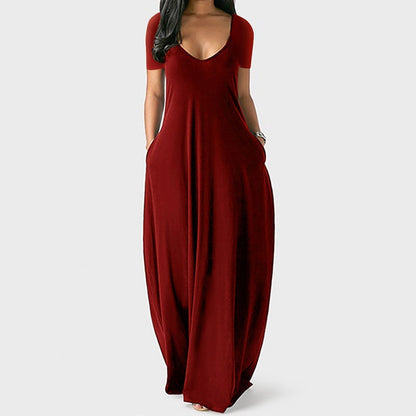 Langes Freizeitkleid für Damen mit Rundhalsausschnitt, kurzen Ärmeln und weichem Stoff
