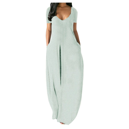 Langes Freizeitkleid für Damen mit Rundhalsausschnitt, kurzen Ärmeln und weichem Stoff