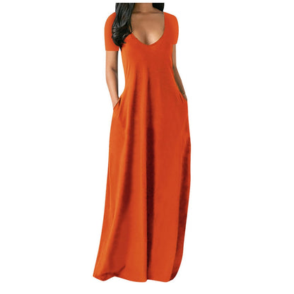 Langes Freizeitkleid für Damen mit Rundhalsausschnitt, kurzen Ärmeln und weichem Stoff