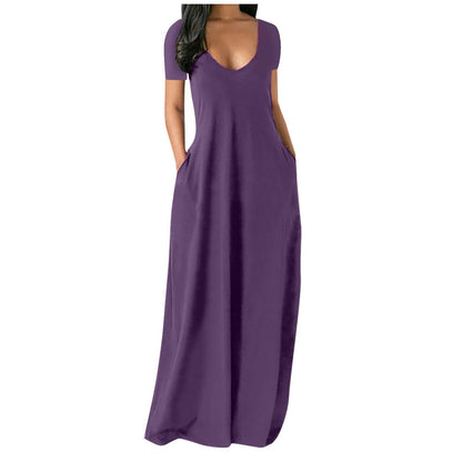 Langes Freizeitkleid für Damen mit Rundhalsausschnitt, kurzen Ärmeln und weichem Stoff