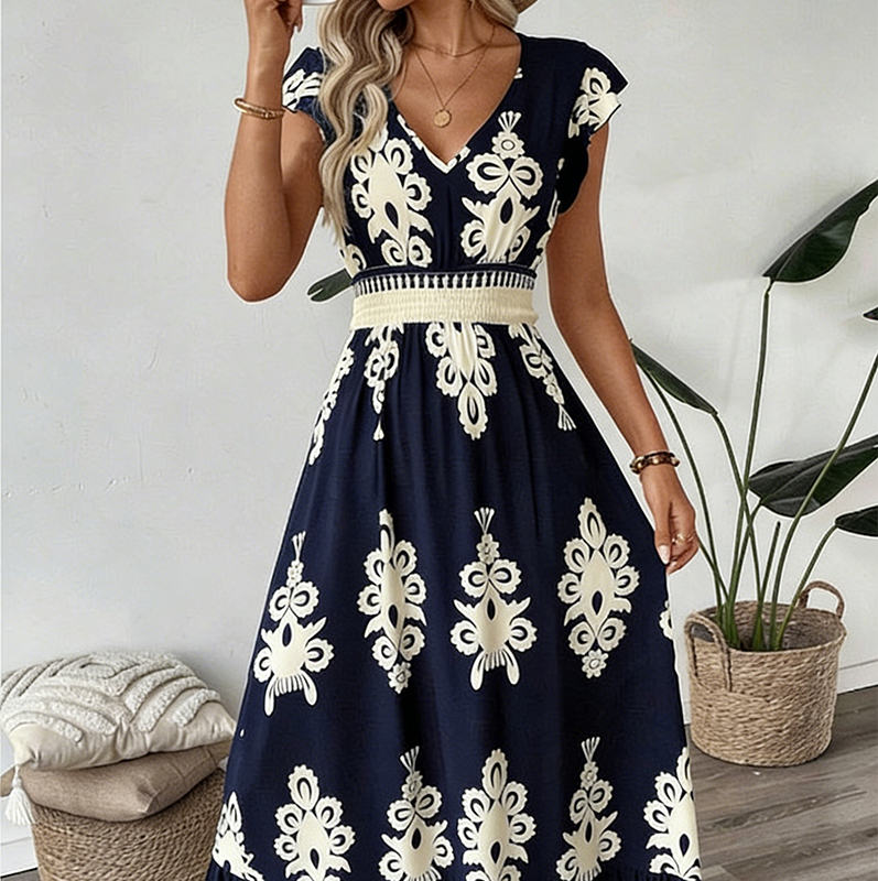 🌞 Neu für Frühling & Sommer👗 V-Ausschnitt Barock Maxi Kleid – hochwertige Taille, knitterfreier Stoff – perfekt für Urlaub & Alltag ✨🌿