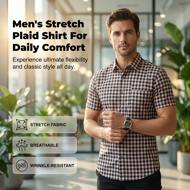 Men's Stretch Plaid Short-Sleeve Shirt