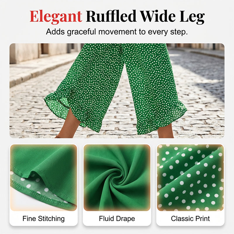 🌸 Weite Damenhose mit hoher Taille – Punkte-Print, Rüschensaum, figurbetonend & luftig leicht. ✨